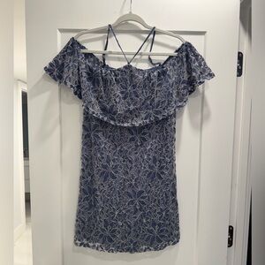 LUSH Elegant Blue Lace Off-Shoulder Lined Dress with Ruffles. Back zippers. M